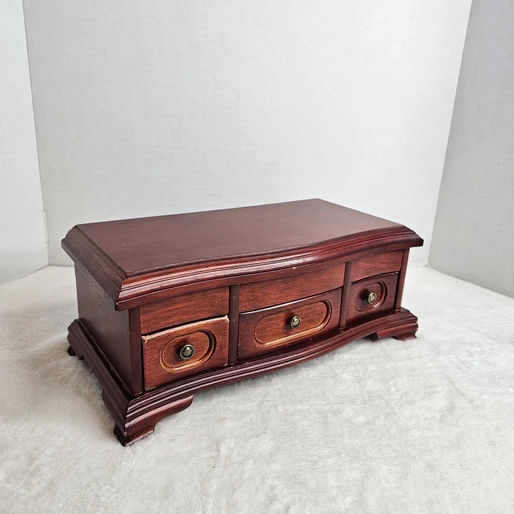 Brown Wood Rectangle Jewelry Box Organizer w/ Drawers, Ring Storage, 25+ pcs